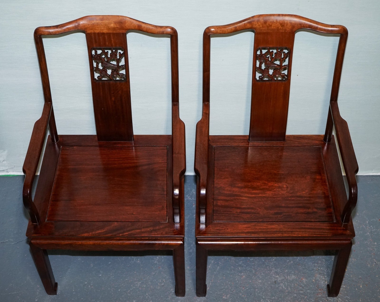 SET OF TEN VINTAGE ORIENTAL CHINESE HARDWOOD CARVER DINING ARMCHAIRS W/ CUSHIONS