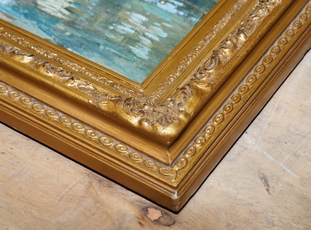 ANTIQUE OIL PAINTING HORSE RIDER CROSSING A STREAM GILTED FRAME 49 X 60 CM