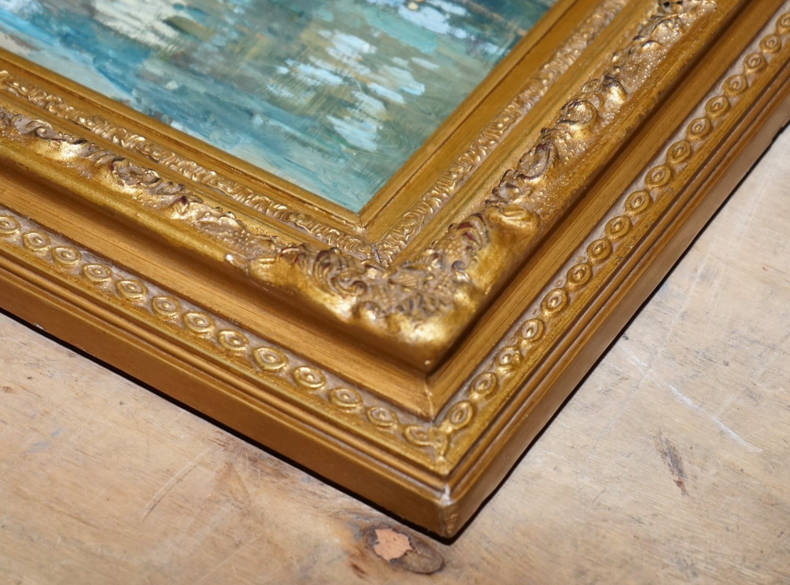 ANTIQUE OIL PAINTING HORSE RIDER CROSSING A STREAM GILTED FRAME 49 X 60 CM