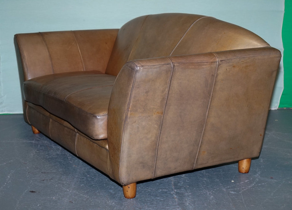 VINTAGE ART DECO STYLE BROWN LEATHER TWO SEATER SOFA