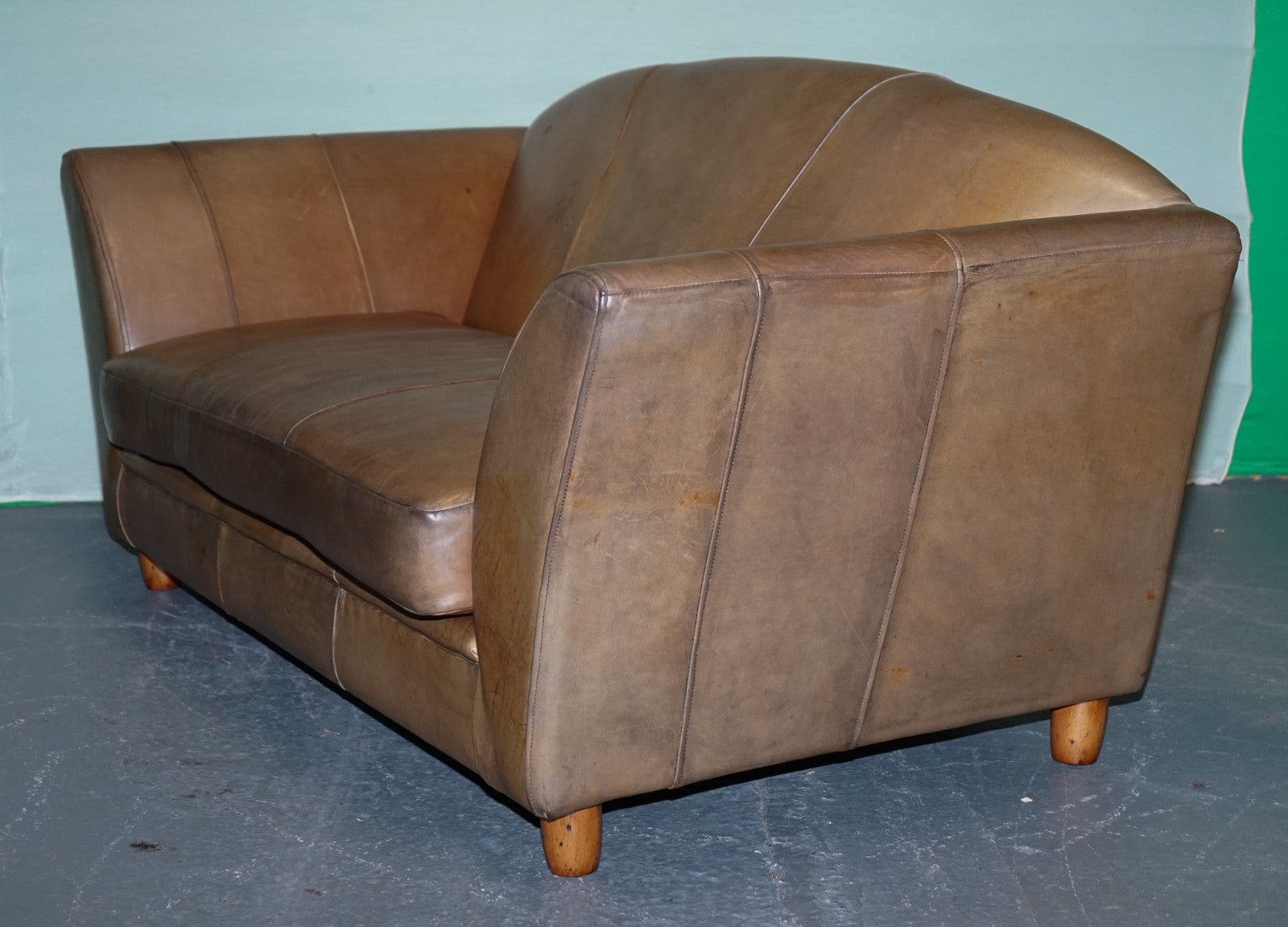 VINTAGE ART DECO STYLE BROWN LEATHER TWO SEATER SOFA