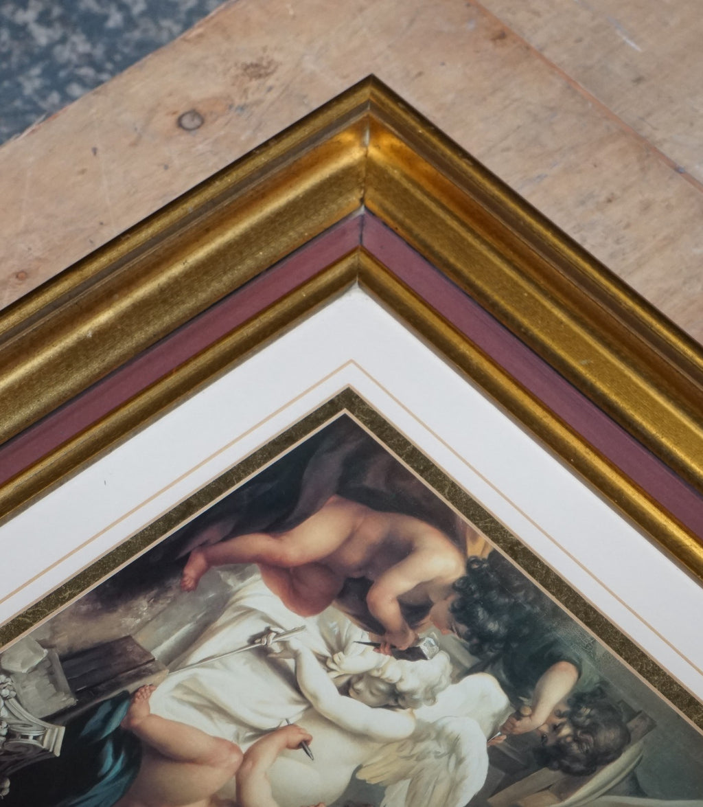 VINTAGE RENAISSANCE STYLE PRINT CHERUBS SCULPTING AN ANGEL GOLD FRAME 58 X 53 CM