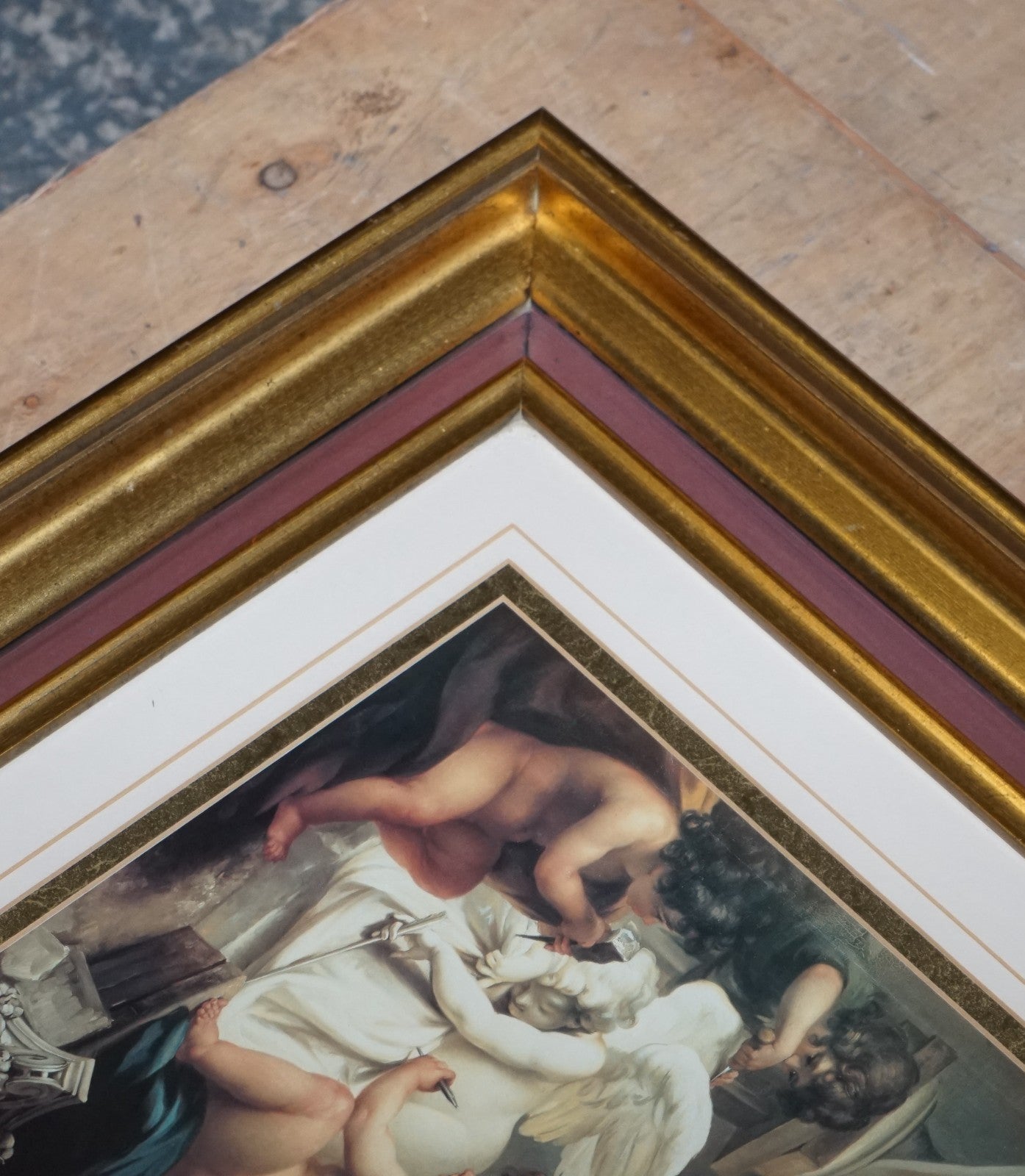 VINTAGE RENAISSANCE STYLE PRINT CHERUBS SCULPTING AN ANGEL GOLD FRAME 58 X 53 CM