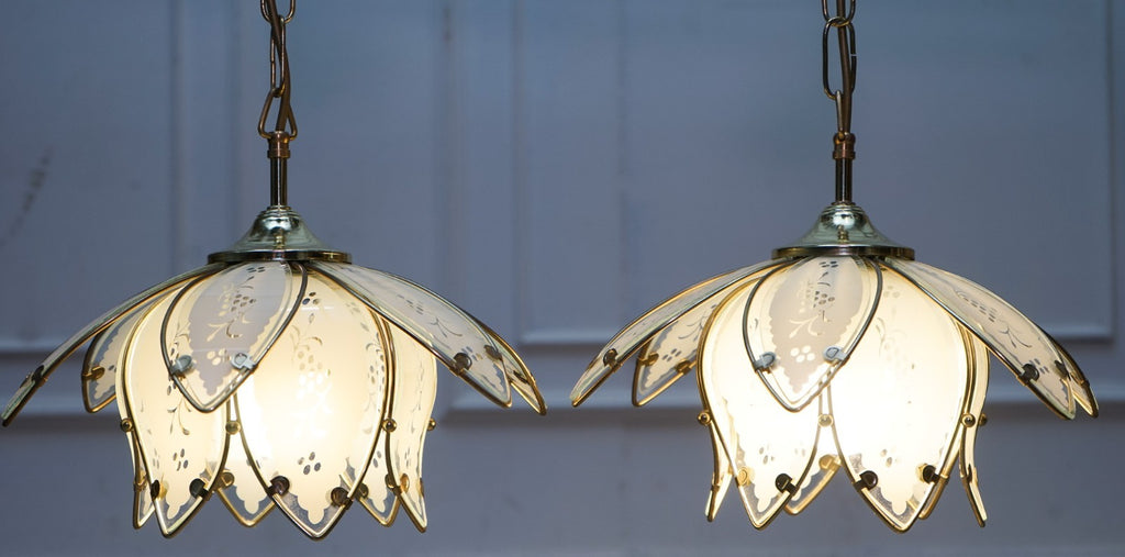 PAIR OF ART DECO STYLE 1960'S FLOWER LOTUS GLASS CEILING LAMPS