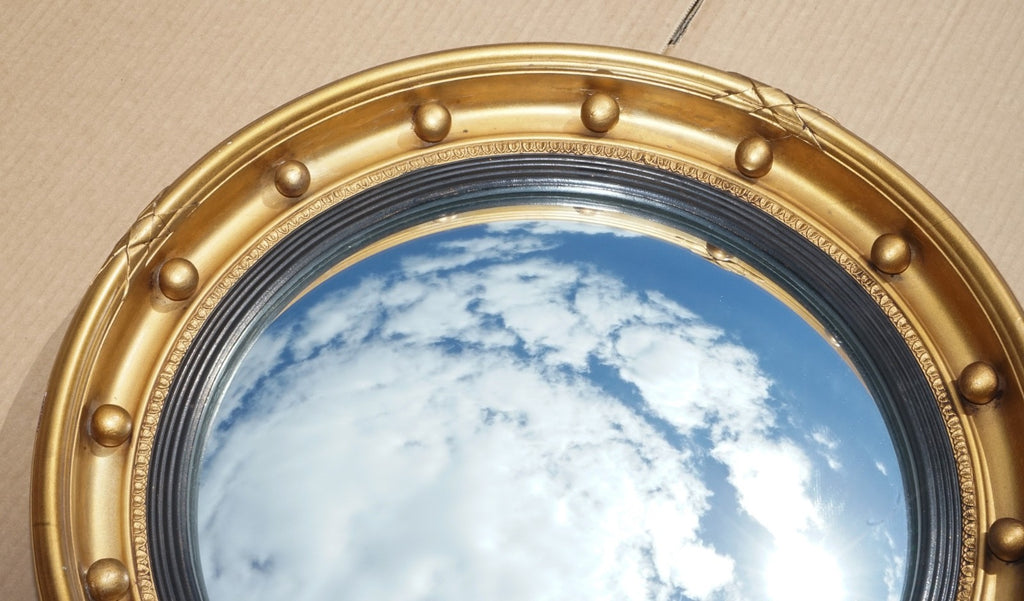 ANTIQUE 1920S BUTLERS CONVEX GOLD GILT WOOD WALL MIRROR