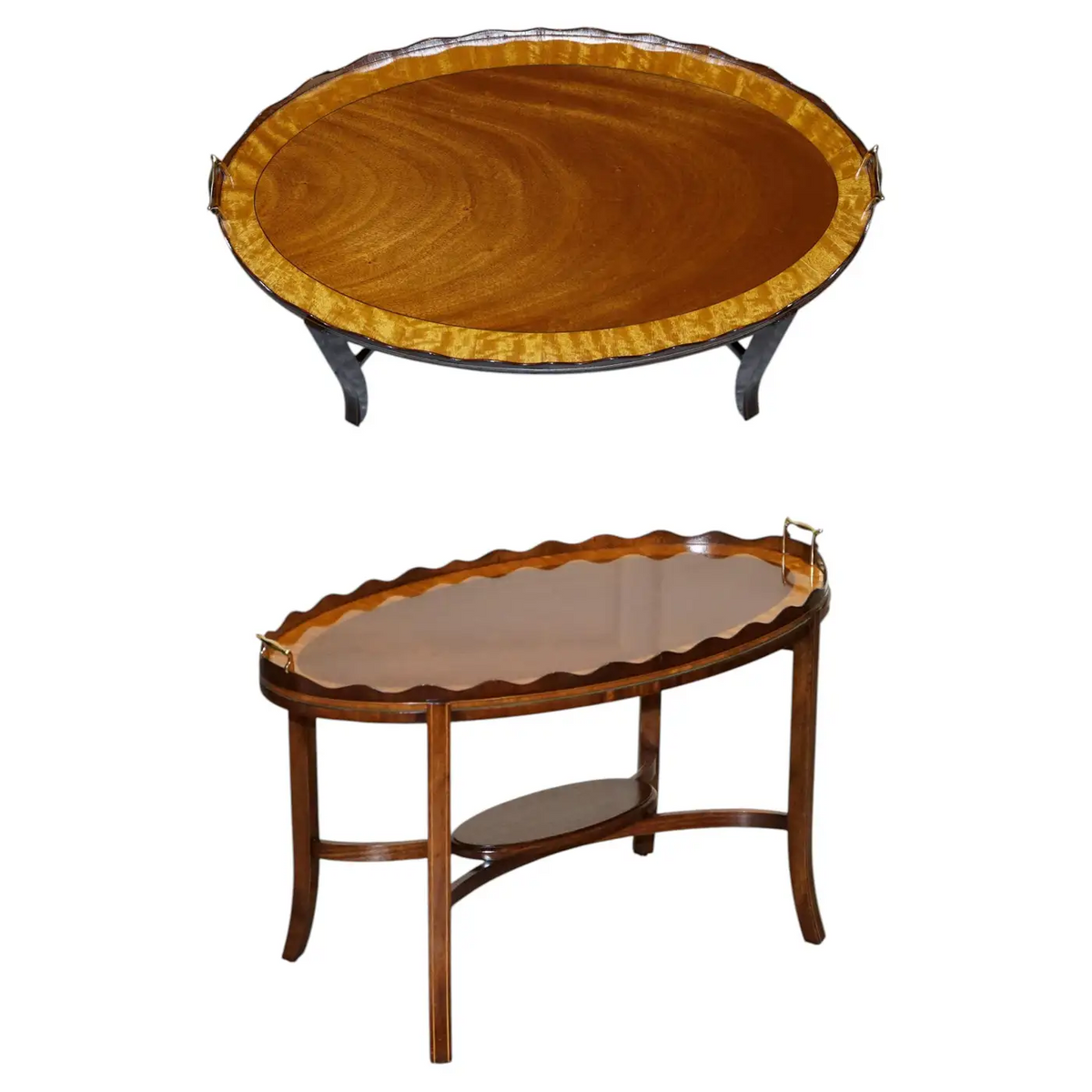ANTIQUE RESTORED GEORGE III OVL SERVING TRAY AND TABLE WITH  SCALLOPED GALLERY