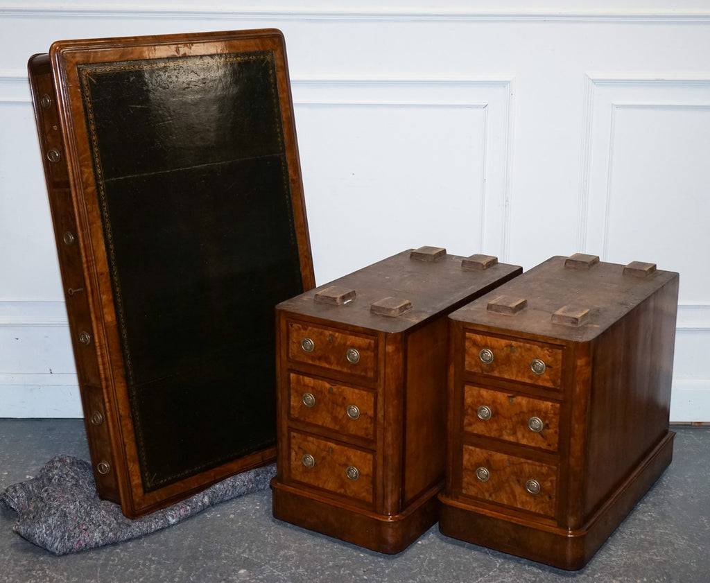 IMPORTANT ROYAL DRUCE & CO LONDON 1840's RESTORED BURR WALNUT TWIN PEDESTAL DESK