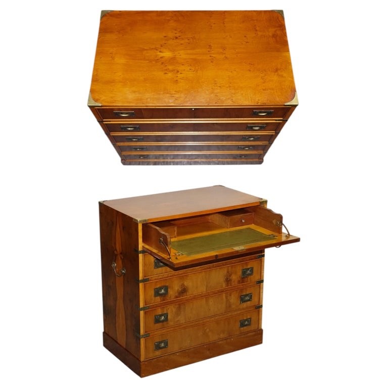 VINTAGE MILITARY CAMPAIGN YEW WOOD SECRETARY CHEST OF DRAWERS WiTH BRASS HANDLES