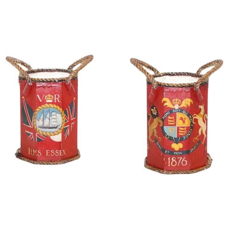 1876 NAVAL HAND PAINTED WOODEN POWDER CANON BIN H.M.S. ESSEX COAT OF ARMS