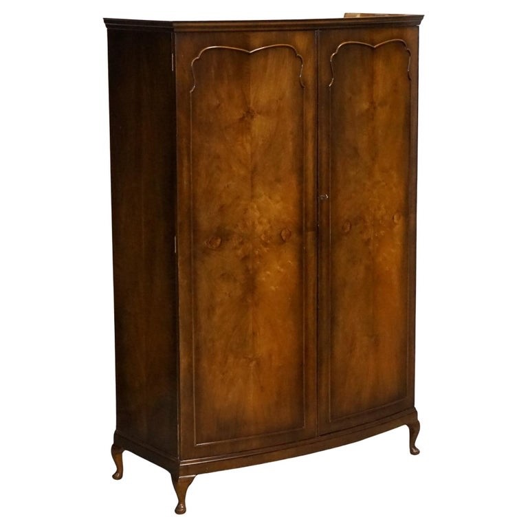 STUNNING 1920'S ENGLISH WALNUT ART DECO DOUBLE WARDROBE QUEEN ANNE LEGS