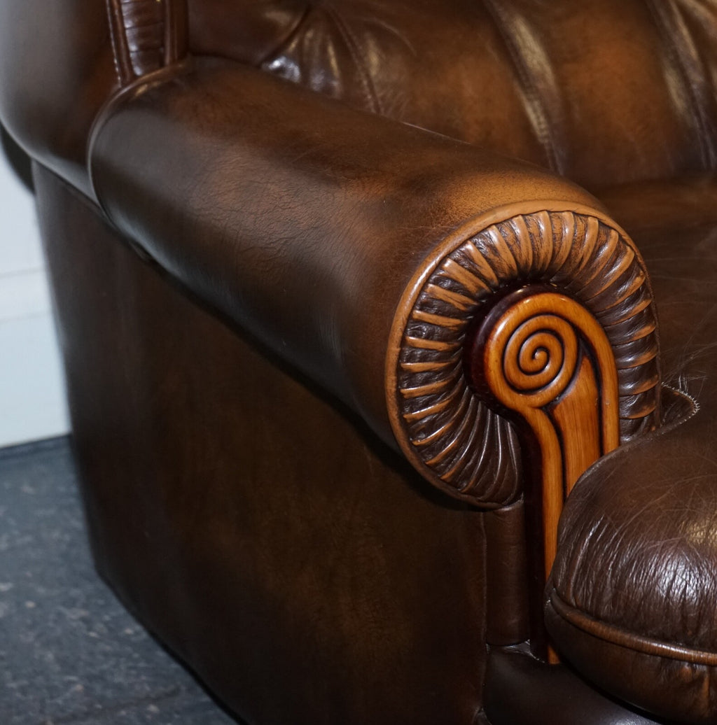 VINTAGE PAIR OF BRITISH MADE BROWN AGED LEATHER MONK CHESTERFIELD ARMCHAIRS