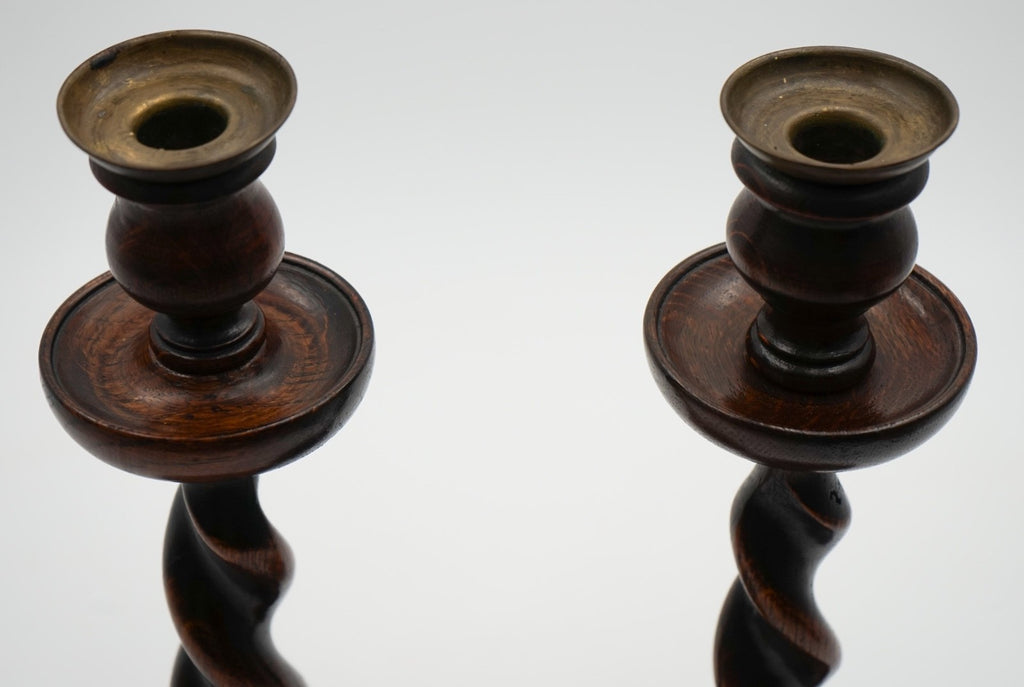 EARLY ViCTORIAN PAIR OF ENGLISH OAK BARLEY TWIST CANDLE STICKS (3)