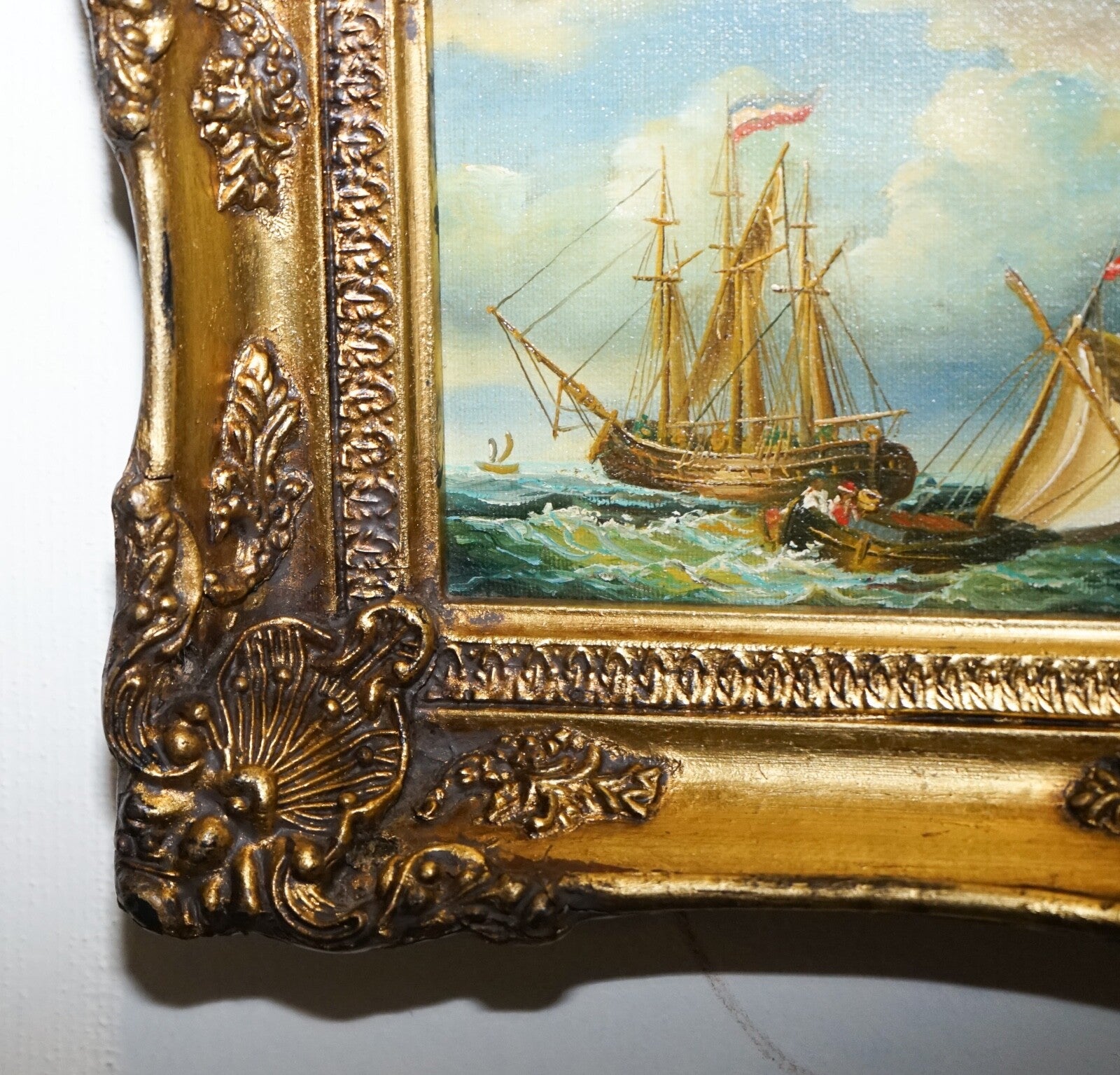 FINE ANTIQUE EARLY 20TH CENTURY OIL PAINTING OF FRENCH SHIP GILTWOOD FRAME