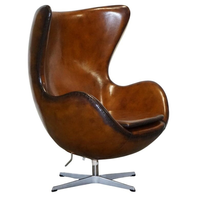 FRITZ HANSEN STYLE VINTAGE HAND DYED WHISKEY BROWN EGG CHAIR