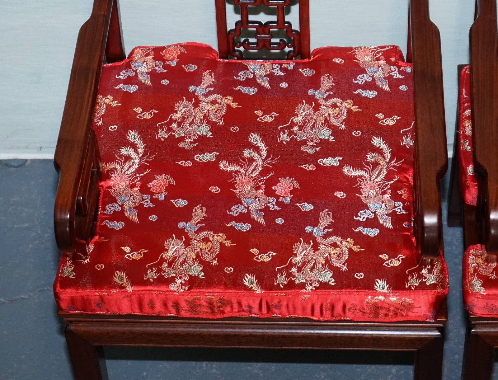 PAIR VINTAGE ORIENTAL CHINESE HARD WOOD CARVER ARMCHAIRS WITH CUSHIONS