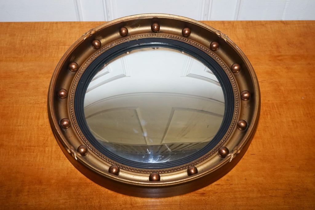 ANTIQUE 1920'S BUTLERS CONVEX GOLD GILT WOOD WALL MIRROR 42 CM DIAMETER
