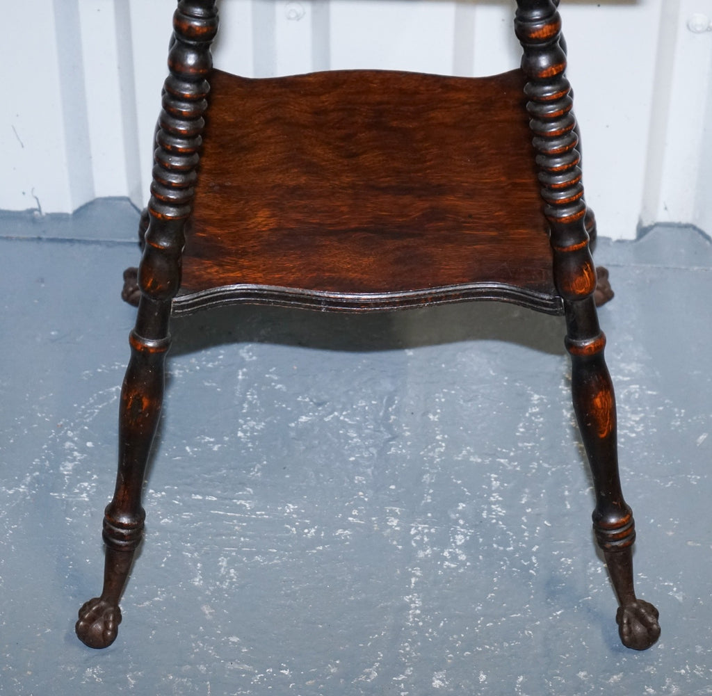 ANTIQUE VICTORIAN TIGER OAK SIDE TABLE TURNED BOBBIN LEGS WITH CAST IRON FEET