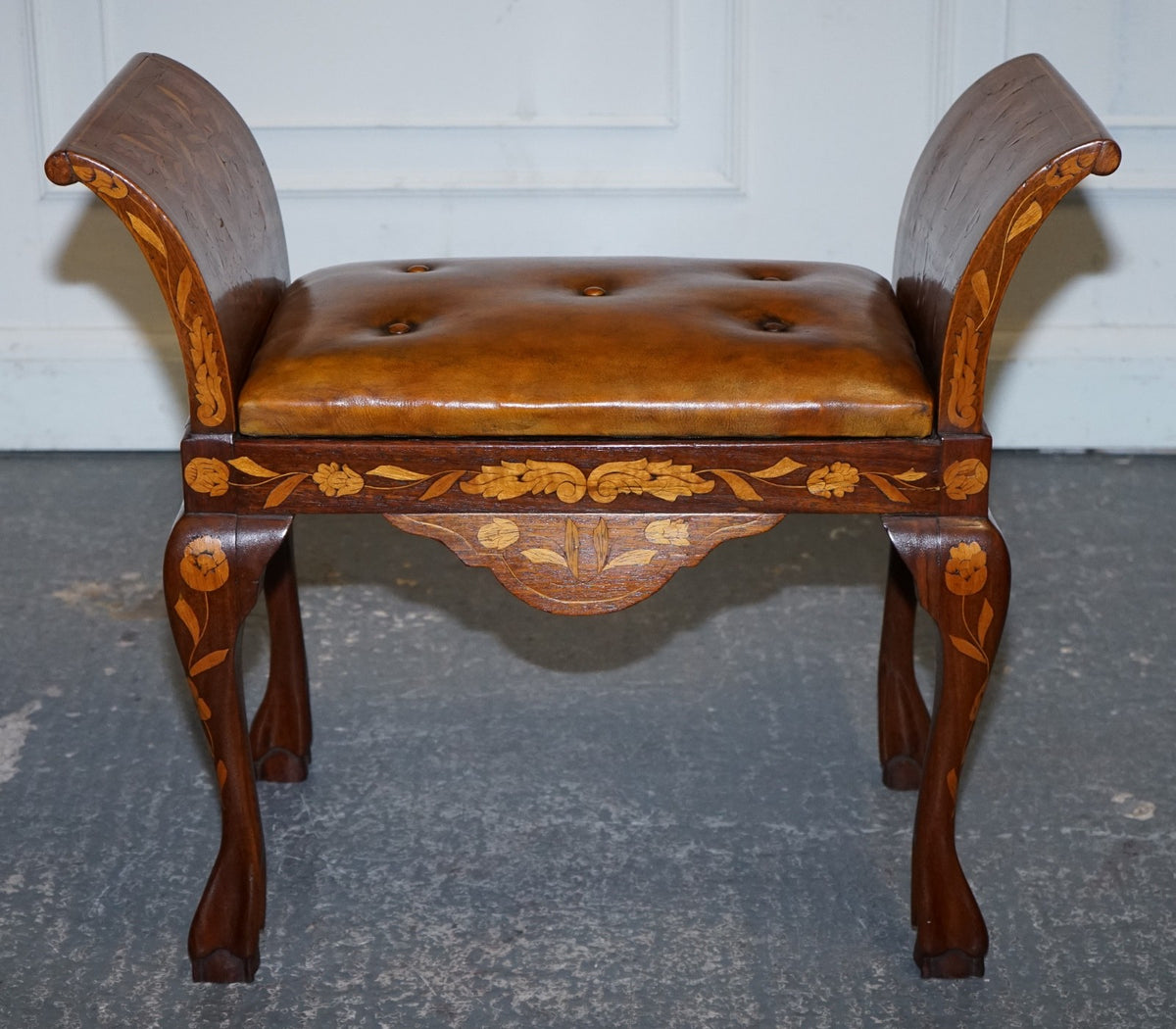 ANTIQUE 1860 DUTCH MARQUETRY WINDOW PIANO STOOL WITH HAND DYED CHESTERFIELD SEAT