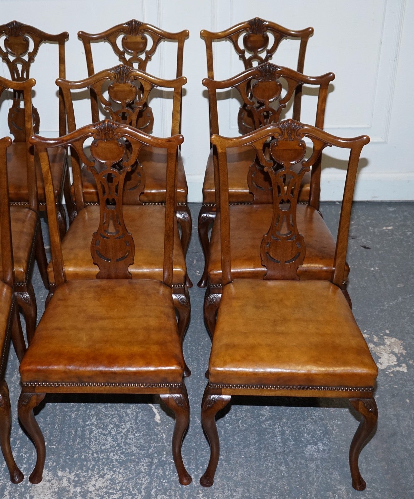SCOTTISH VICTORIAN SET 12 RESTORED DYED LEATHER DINING CHAIRS BY JOHN TAYLOR