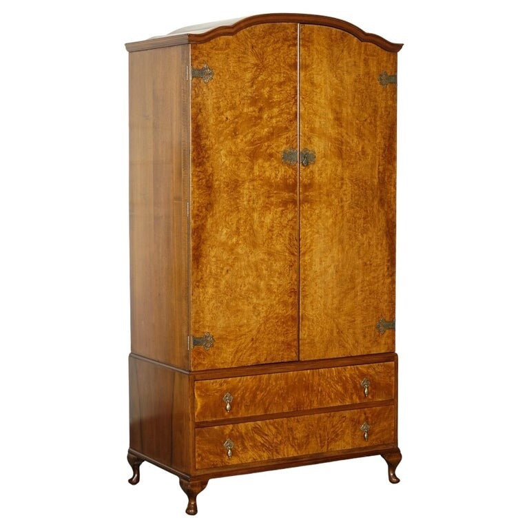 LOVELY 1920'S ART DECO BURR WALNUT WARDROBE WITH TWO DRAWERS QUEEN ANNE LEGS