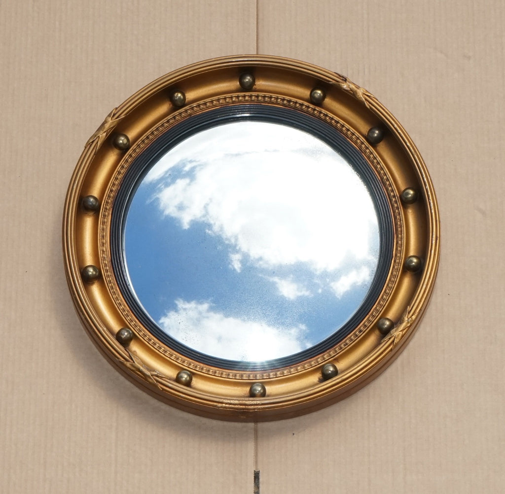 ANTIQUE 1920'S BUTLERS CONVEX GOLD GILT WOOD WALL SLIGHTLY FOXED MIRROR