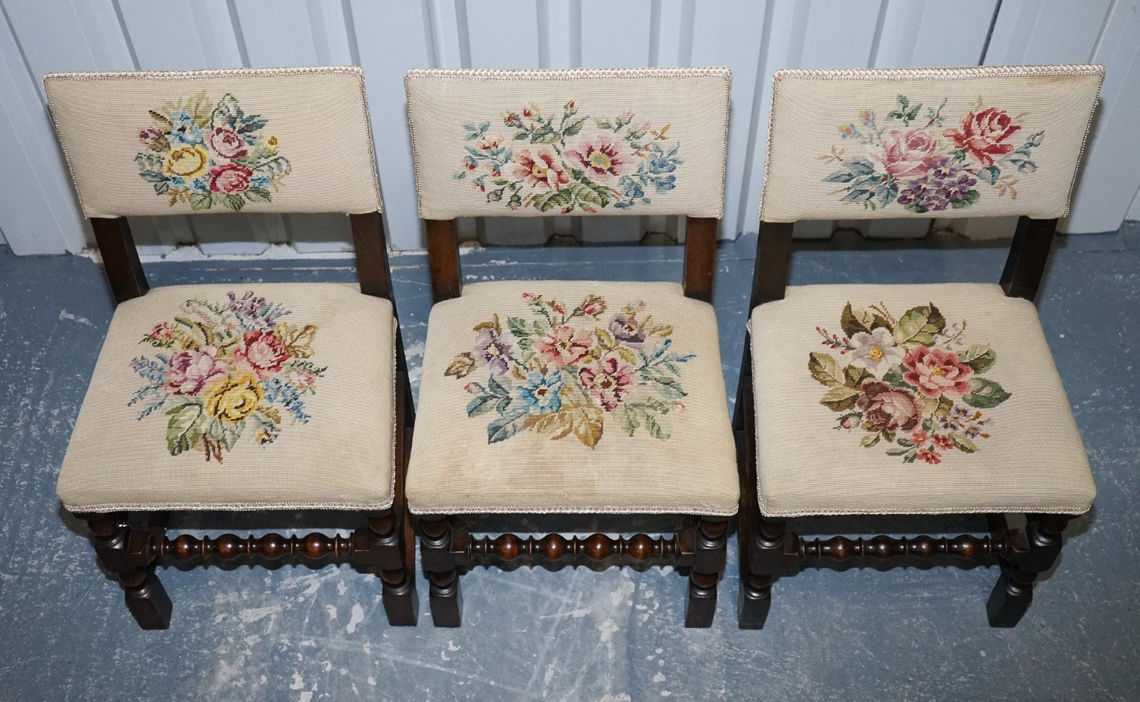 ENGLISH VICTORIAN SET OF SIX ORIGINAL FLORAL TAPESTRY UPHOLSTERY DINNING CHAIRS