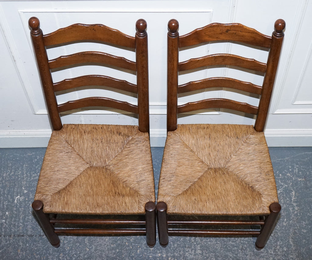 SET OF SIX ANTIQUE ENGLISH 19TH CENTURY LADDERBACK RUSH SEAT DINING CHAIRS