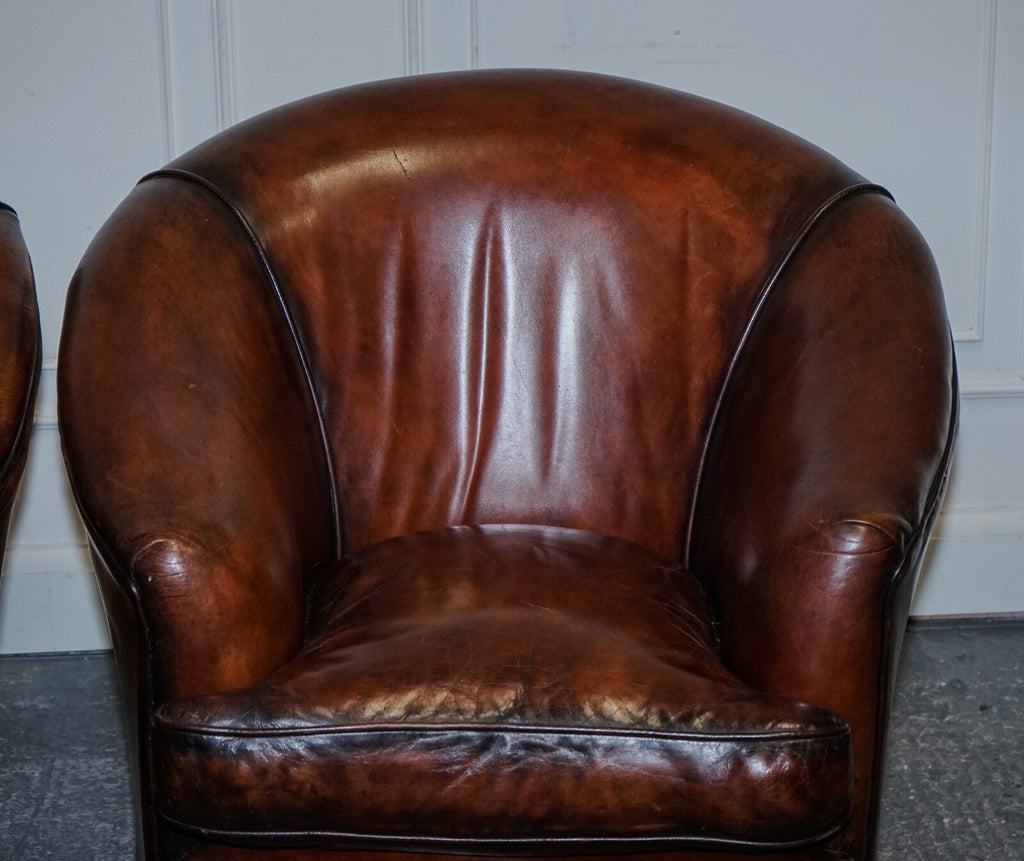 1920'S ART DECO RESTORED HAND DYED WHISKEY BROWN SUITE SOFA ARMCHAIRS FOOTSTOOLS