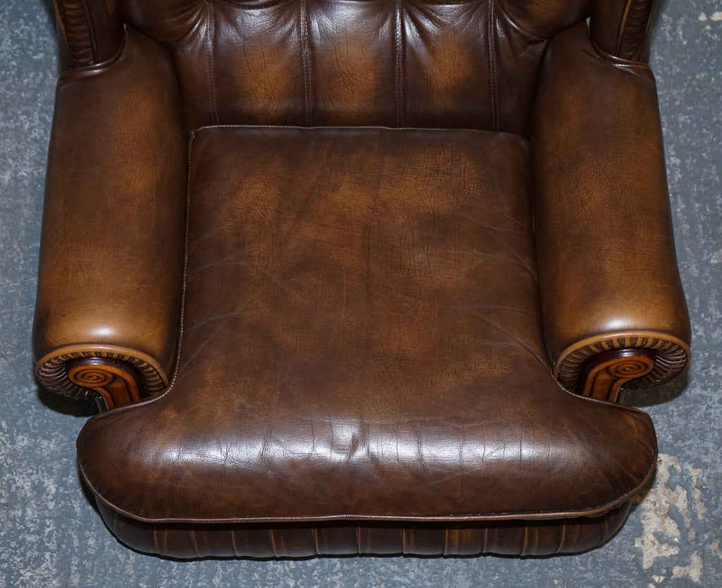 VINTAGE PAIR OF BRITISH MADE BROWN AGED LEATHER MONK CHESTERFIELD ARMCHAIRS