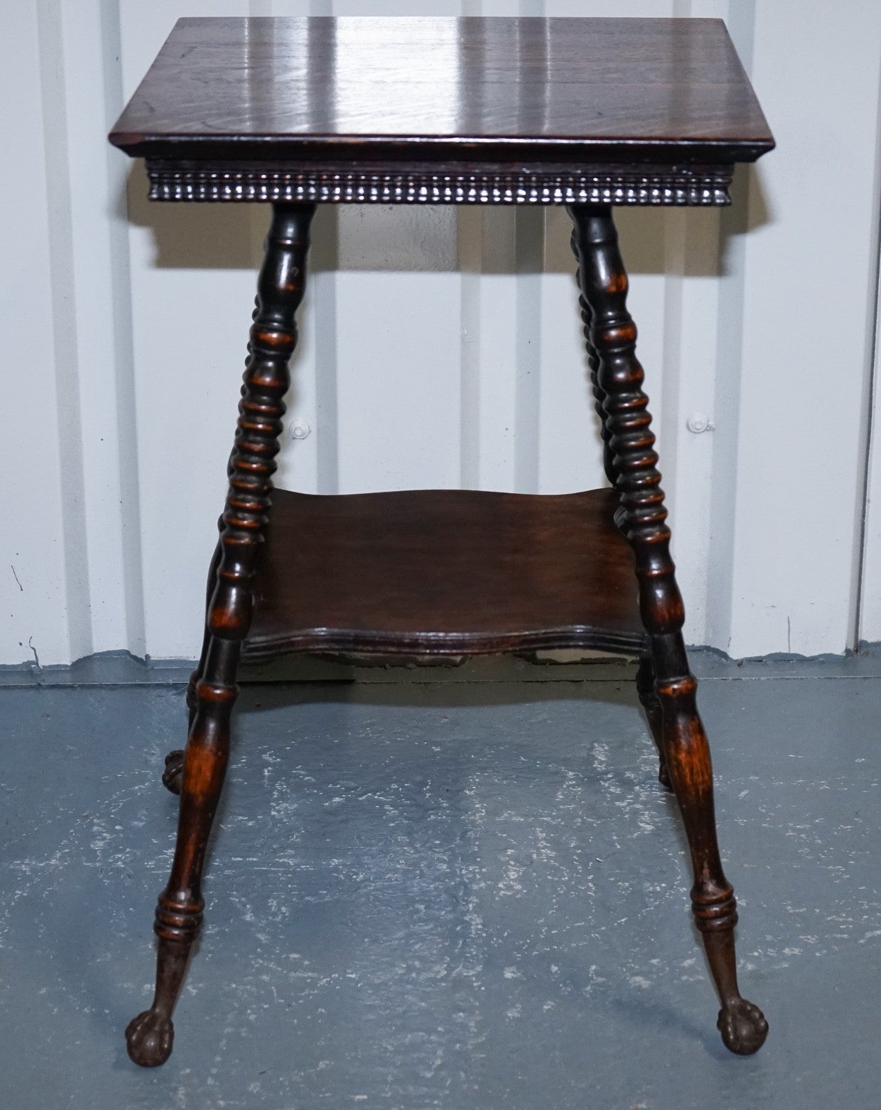 ANTIQUE VICTORIAN TIGER OAK SIDE TABLE TURNED BOBBIN LEGS WITH CAST IRON FEET