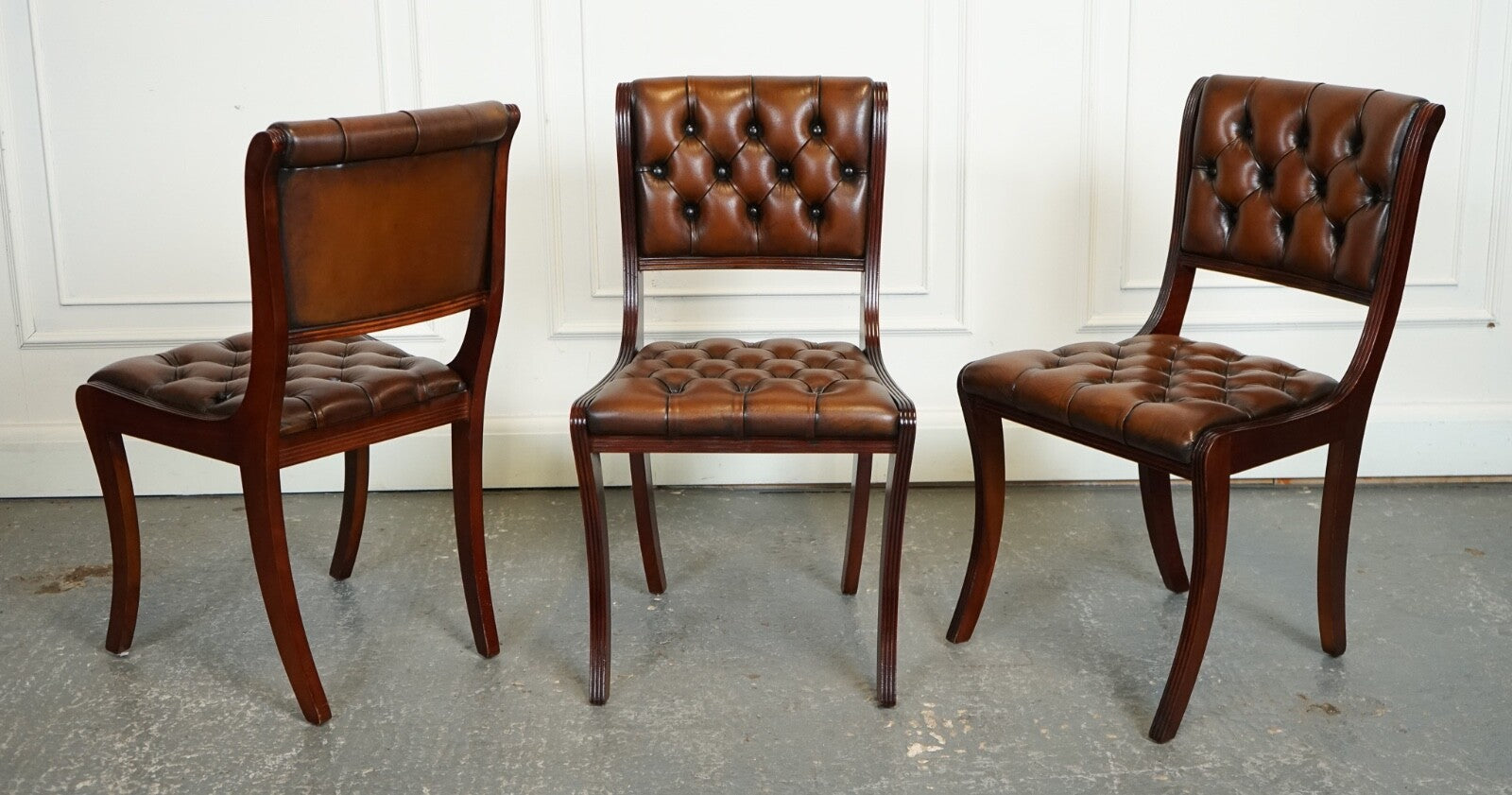 SET OF 6 RESTORED CHESTERFIELD LEATHER DINING CHAIRS J1