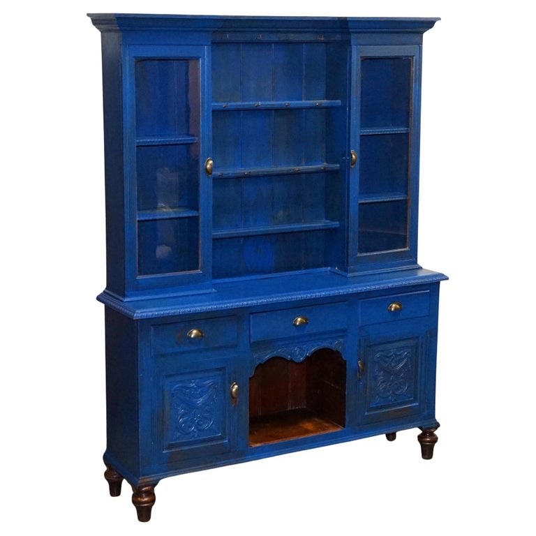 ANTIQUE VICTORIAN VIBRANT BLUE HAND PAINTED KITCHEN CUPBOARD CABINET