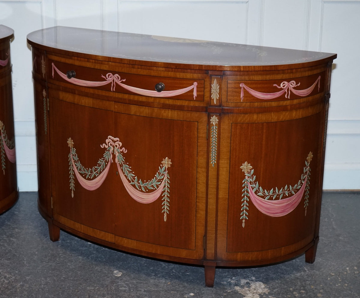 FINE SUBSTANTIAL PAIR OF HAND PAINTED DEMI LUNE SHERATON STYLE CONSOLE CABINETS