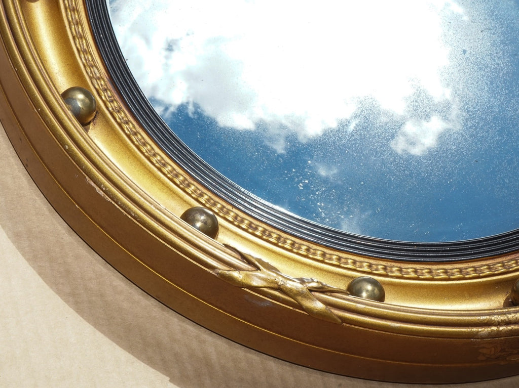 ANTIQUE 1920'S BUTLERS CONVEX GOLD GILT WOOD WALL SLIGHTLY FOXED MIRROR