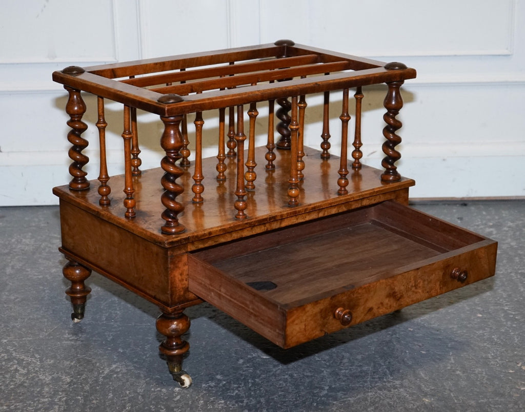 FINE ANTIQUE VICTORIAN 1860 BURR WALNUT CANTERBURY MAGAZINE RACK BOBBIN COLUMNS