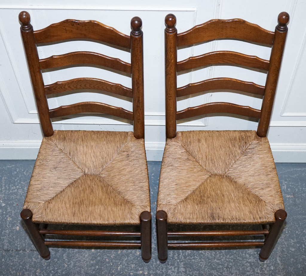 SET OF SIX ANTIQUE ENGLISH 19TH CENTURY LADDERBACK RUSH SEAT DINING CHAIRS