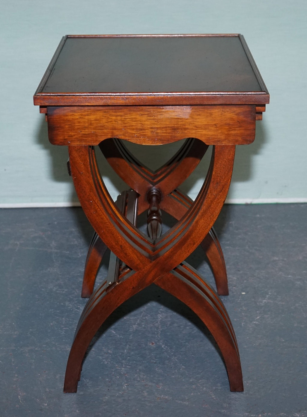 VINTAGE HARDWOOD NEST OF TABLES WITH LYRE FORM LEGS