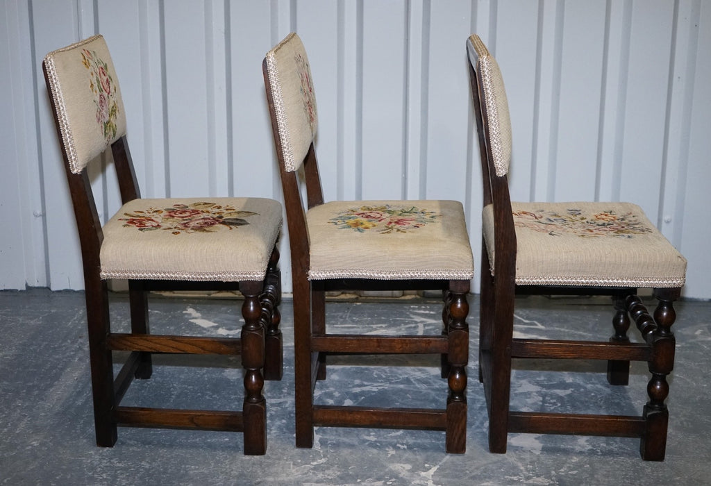 ENGLISH VICTORIAN SET OF SIX ORIGINAL FLORAL TAPESTRY UPHOLSTERY DINNING CHAIRS