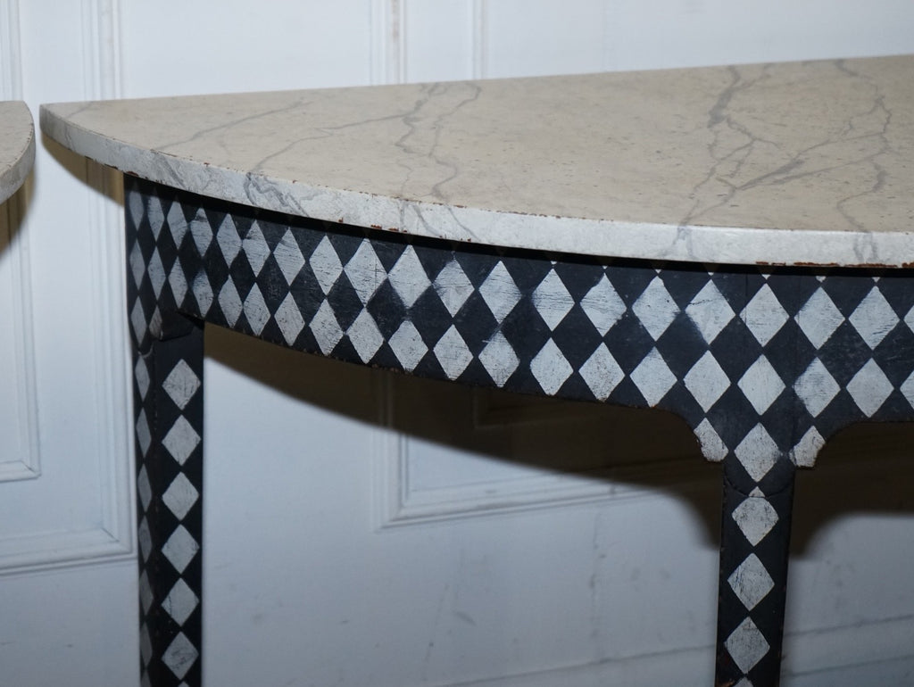 ENGLISH GEORGIAN HAND PAINTED PAIR OF DEMI LUNE SIDE CONSOLE TABLE MARBLE EFFECT