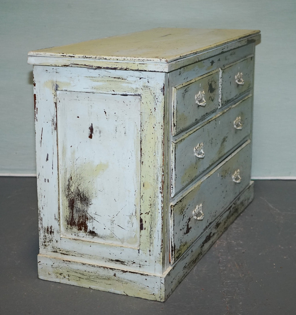 ANTIQUE HAND PAINTED PALE PINE GREEN THREE DRAWER CHEST OF DRAWERS