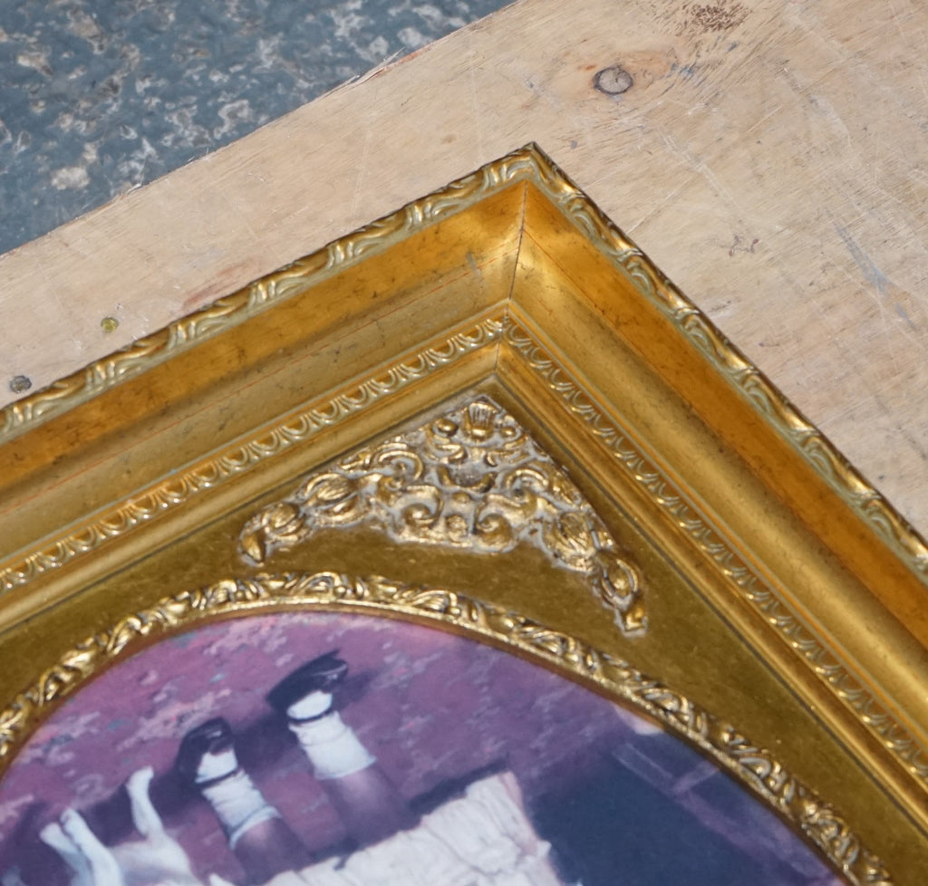 VINTAGE VICTORIAN STYLE PRINT GIRL WITH DOG AND PUPPIES GITLED FRAME 52 X 42 CM