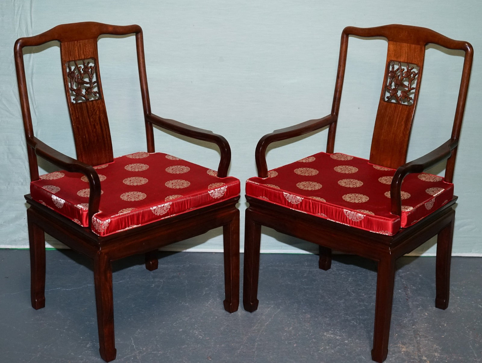 SET OF TEN VINTAGE ORIENTAL CHINESE HARDWOOD CARVER DINING ARMCHAIRS W/ CUSHIONS