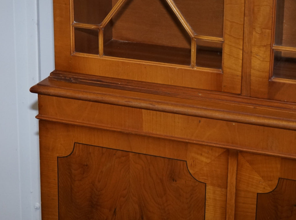 VINTAGE ENGLISH BURR YEW WOOD 3 DOOR ASTRAGAL GLAZED DISPLAY BOOKCASE CABINET