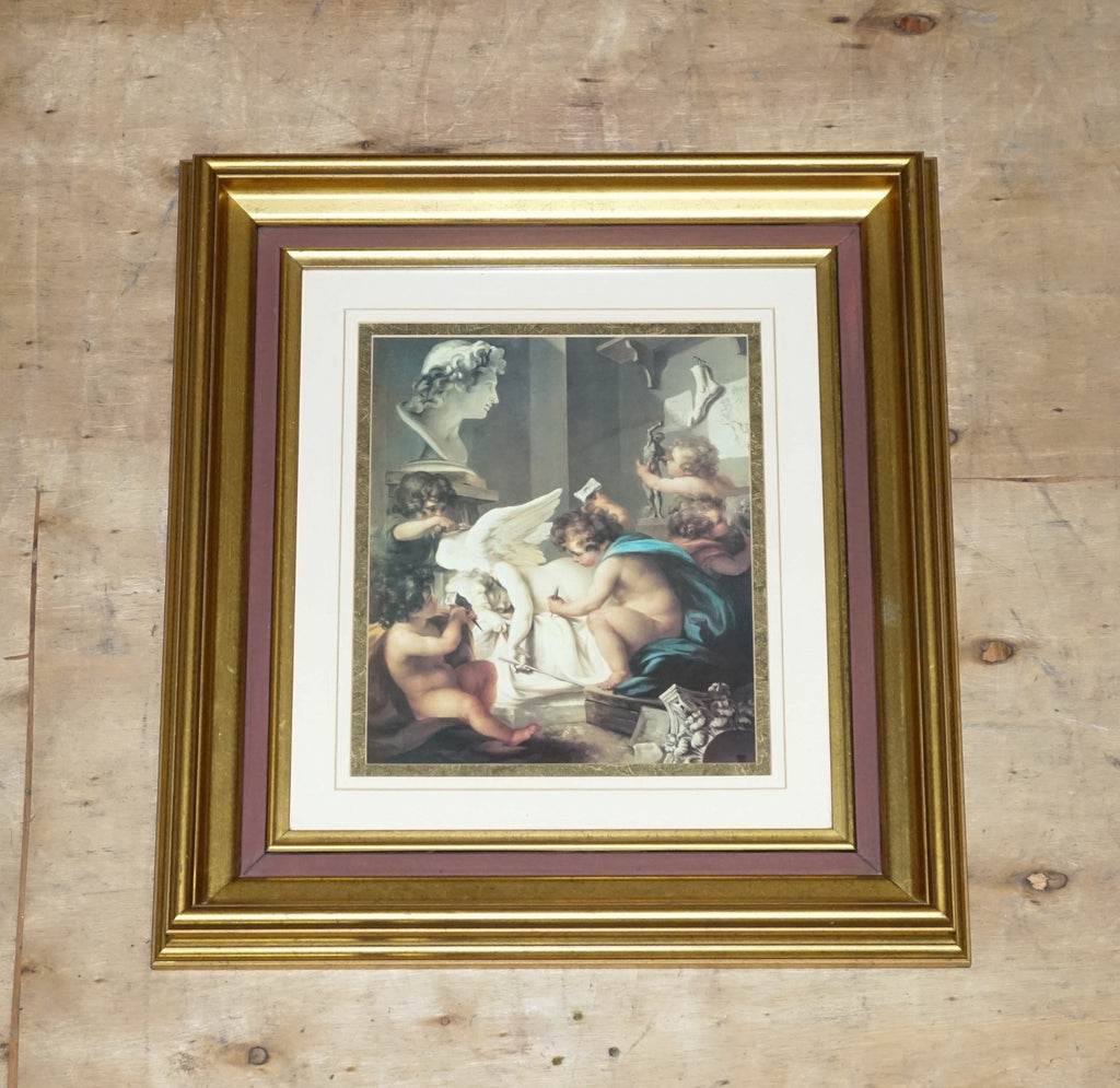 VINTAGE RENAISSANCE STYLE PRINT CHERUBS SCULPTING AN ANGEL GOLD FRAME 58 X 53 CM