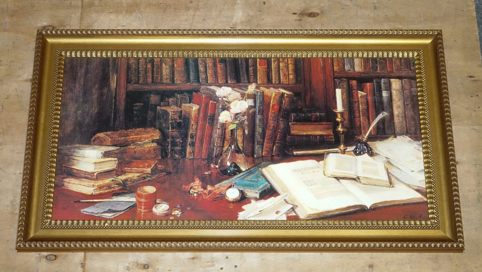 VINTAGE SOPHISTICATED LIBRARY SETTING PRINT IN GILTED FRAME  64 X 114 CM