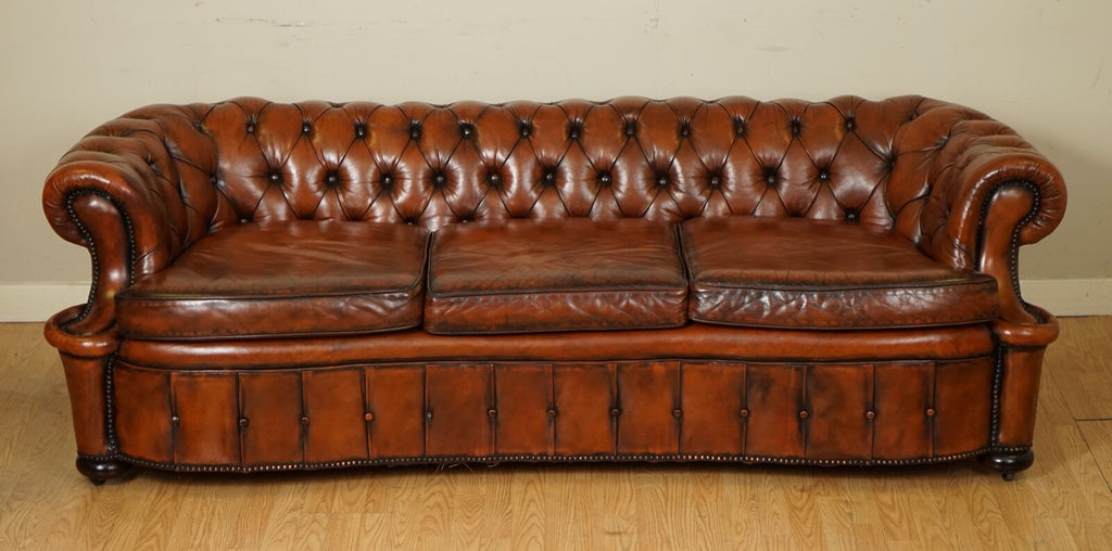 ONE OF A KIND WHISKEY BROWN HAND DYED LEATHER SERPENTINE CLUB CHESTERFIELD SOFA