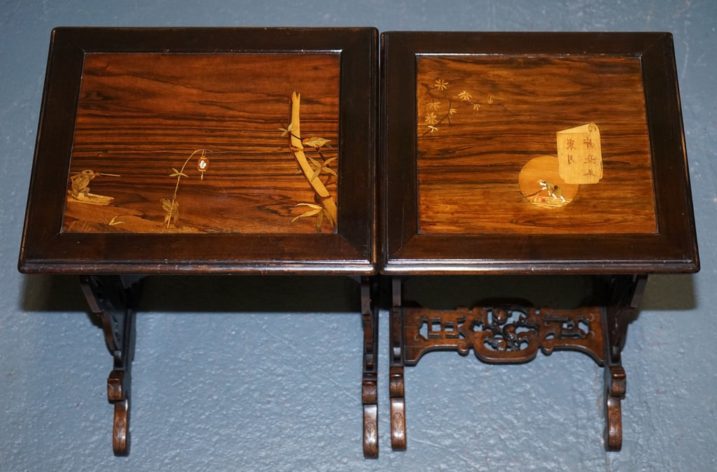 ART NOUVEAU CHINESE EXPORT NESTING TABLES PIERCED FRETWORK BONE & ABALONE C 1900