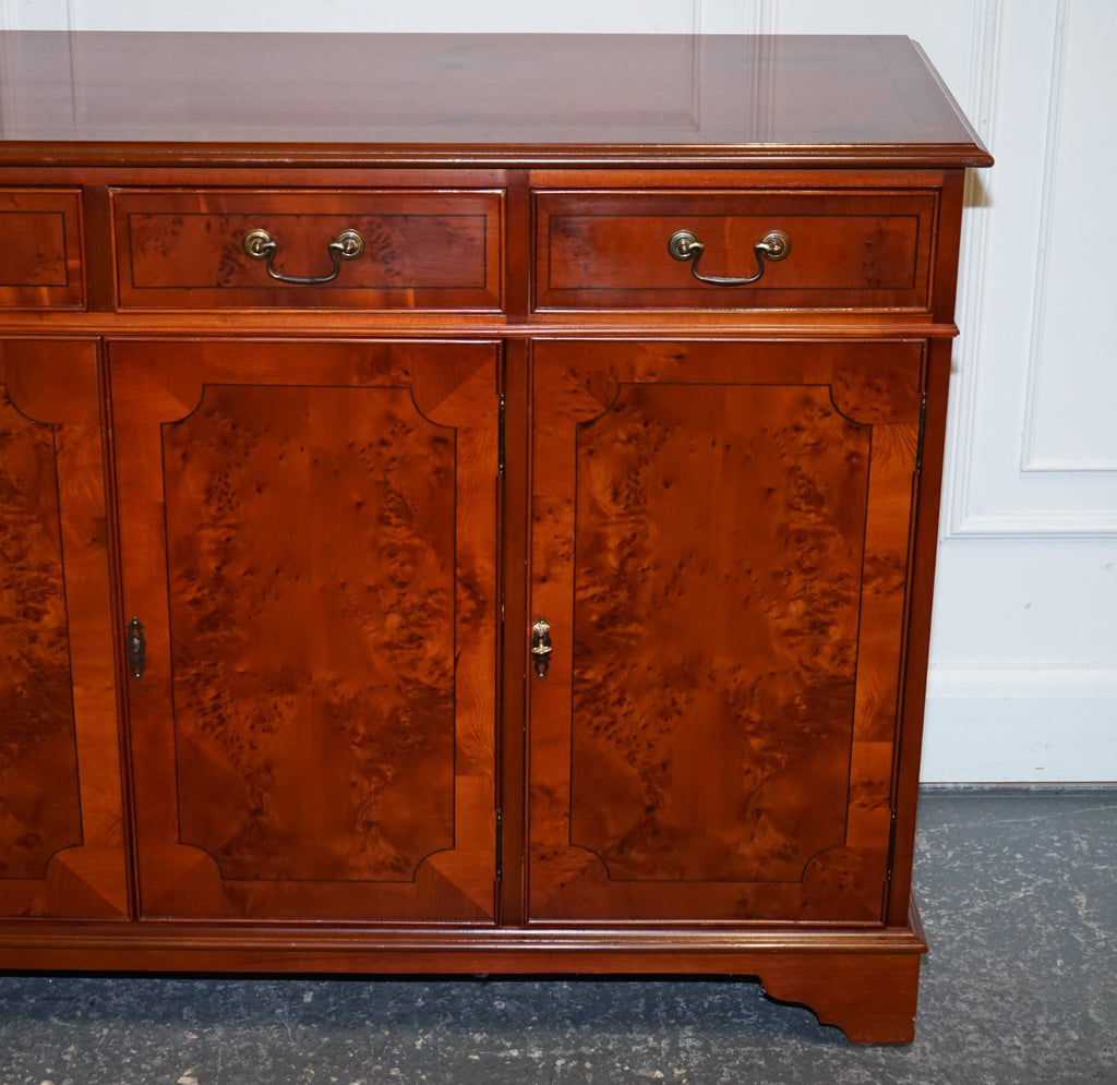 VINTAGE BURR YEW WOOD SIDEBOARD WITH FOUR CUPBOARDS & DRAWERS