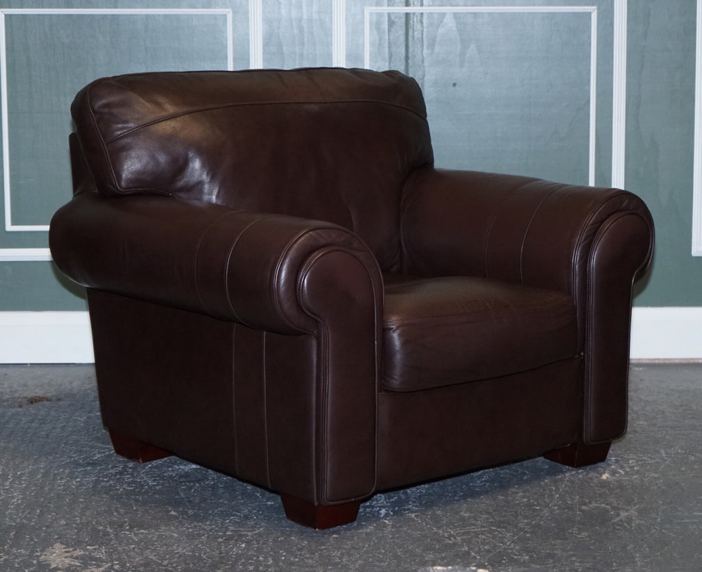 PAIR OF LARGE COMFORTABLE BROWN LEATHER ARMCHAIRS, MATCHING SOFA AVAILABLE