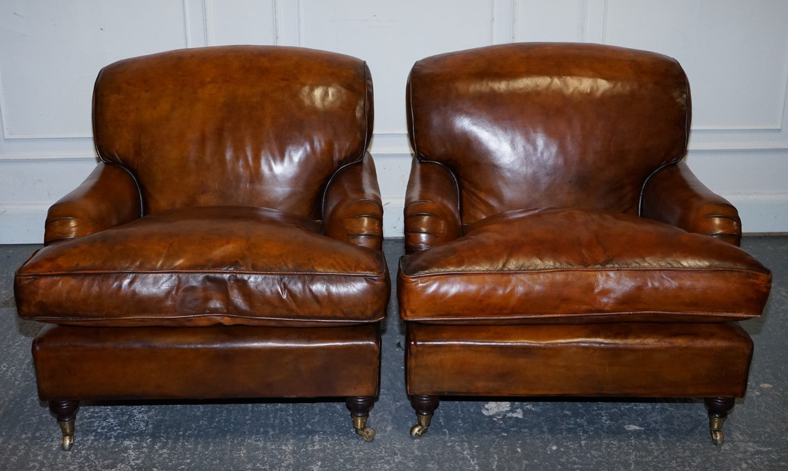 LARGE PAIR HOWARD STYLE HAND DYED LEATHER ARMCHAIRS FEATHER FILLED CUSHIONS